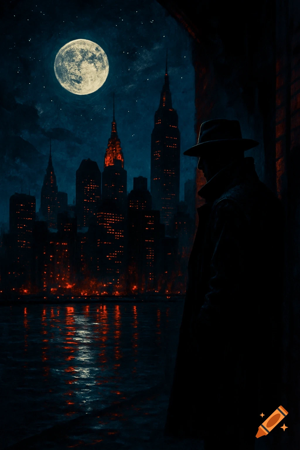 Silhouetted man in a fedora gazes at a dark cityscape with glowing windows and water reflections under a full moon at night, in a noir art style.