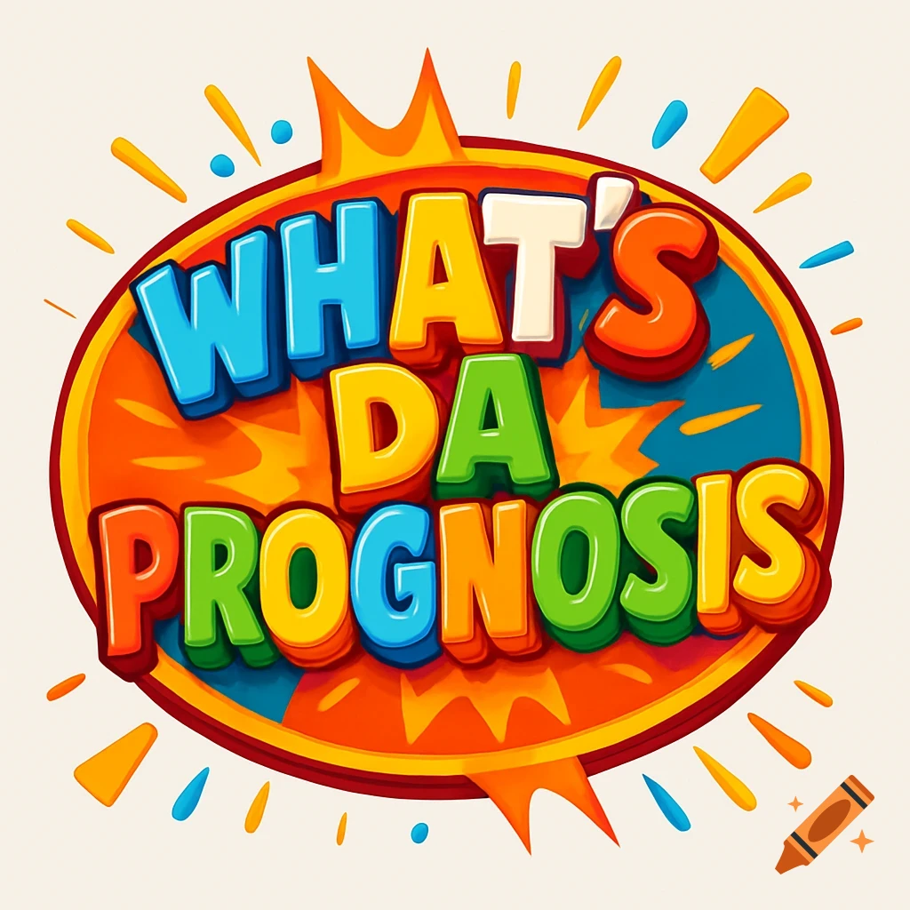 Bold, colorful 3D logo with 'WHAT'S DA PROGNOSIS' text, set inside an orange explosion-style oval with vibrant color splashes.