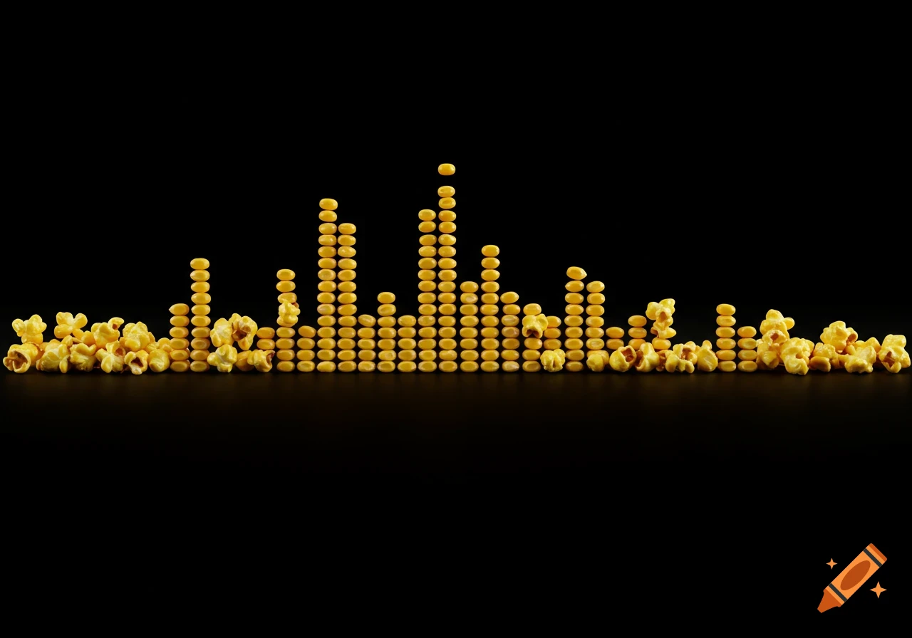 An audio level meter made out of popcorn kernels and individual pieces of popped popcorn, against a black background.