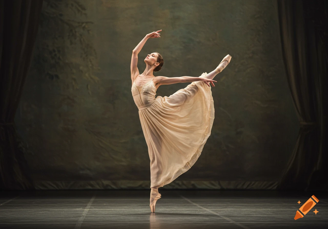 A ballerina in a flowing cream dress performs an arabesque on a dark stage with a painted backdrop.