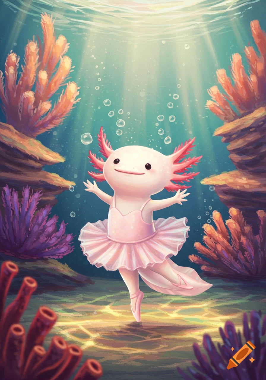 A cute pink axolotl wearing a pink tutu dances gracefully underwater among coral and bubbles, with light rays from above.