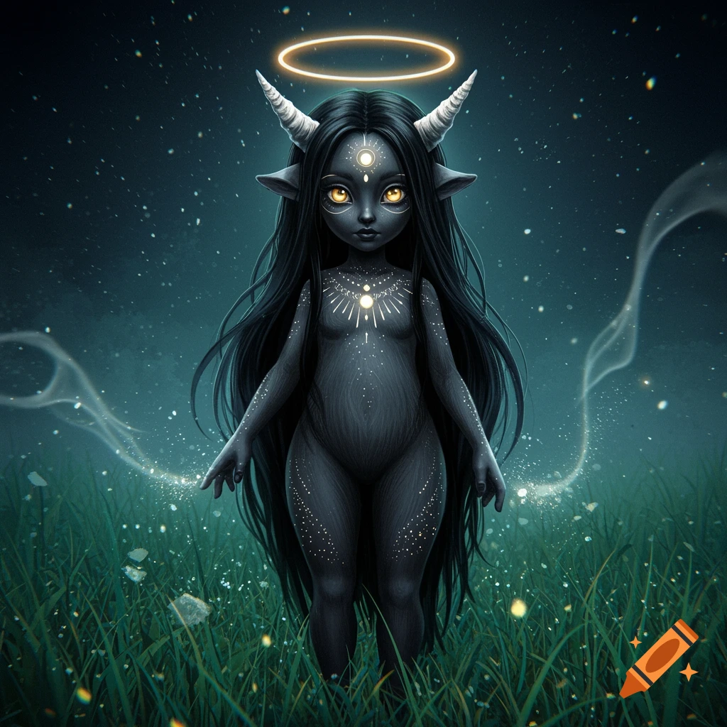 A stylized dark-skinned child with horns, a halo, long black hair, and glowing golden eyes stands in a grassy field with floating lights.