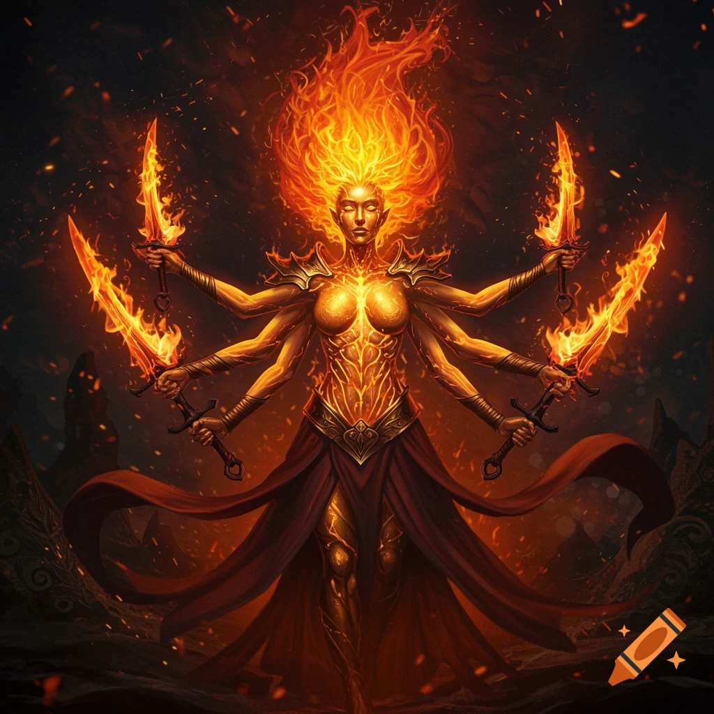 A multi-armed woman made of burning gold with fiery hair, holding curved flaming swords in a dark, fiery landscape, photorealistic style.