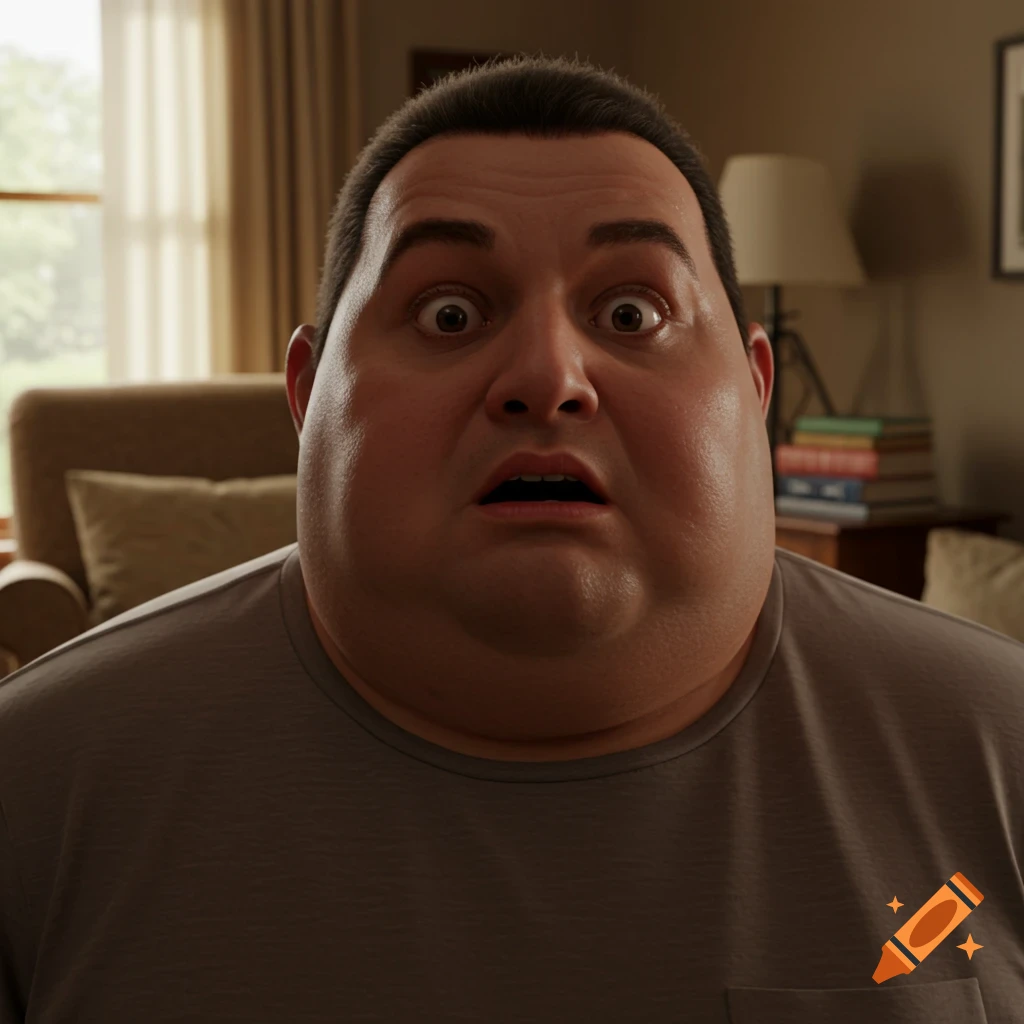 Close-up photorealistic portrait of a morbidly obese man with a surprised expression.