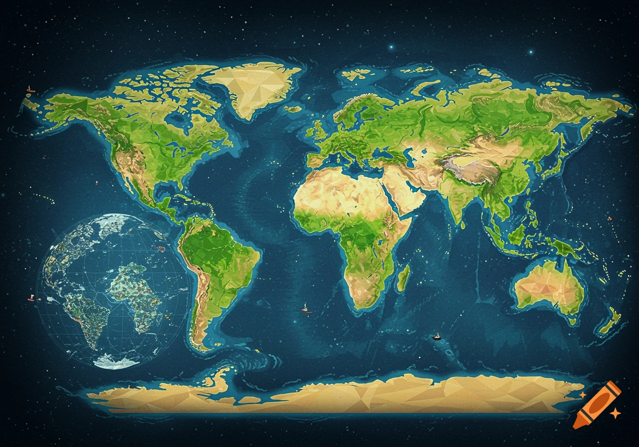 Stylized world map with polygonal green and brown continents, blue oceans, and a starry dark background. A smaller, transparent globe appears on the left.