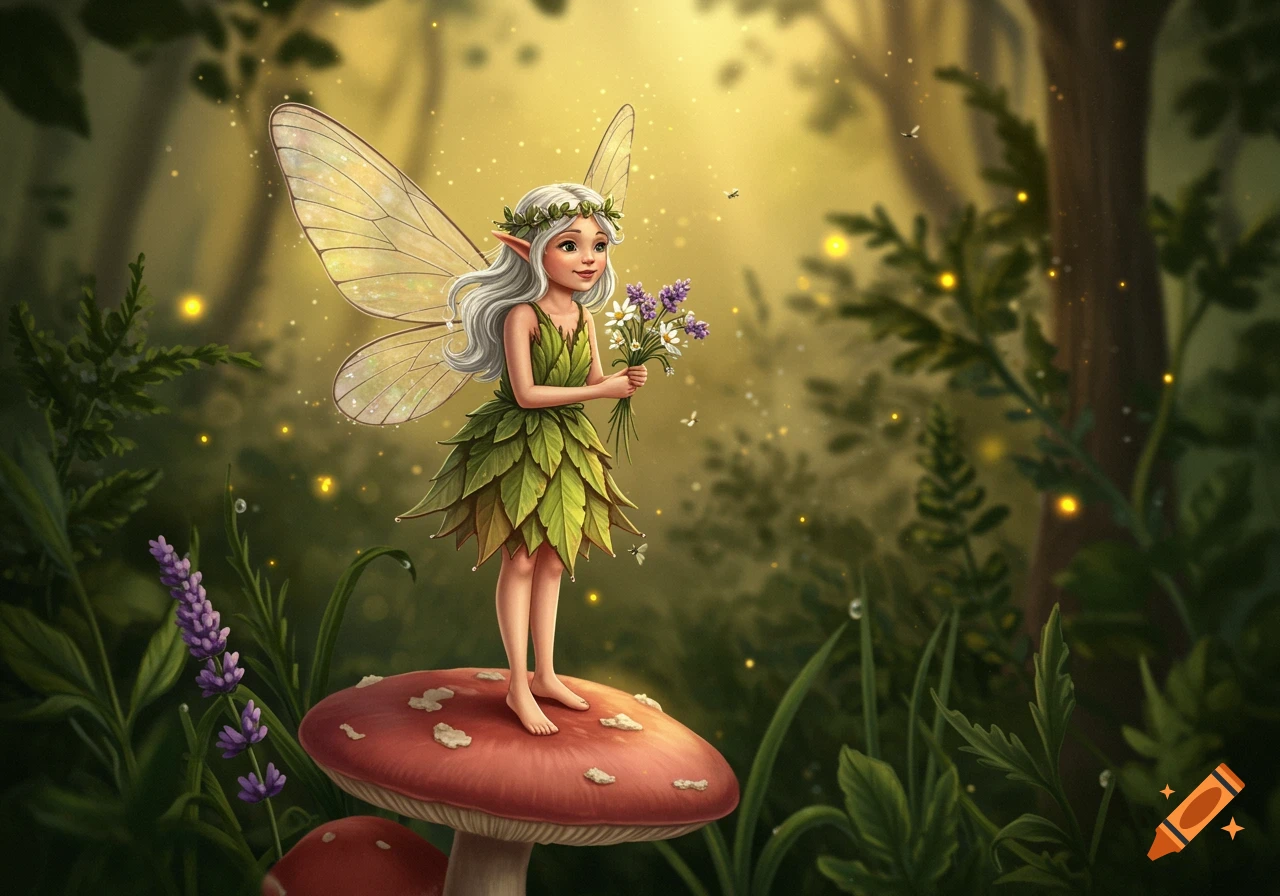 A cute fairy with white hair and a leaf dress stands on a red mushroom in a magical forest, holding a small bouquet of wildflowers. Golden light filters through the trees, with sparkling dust and small insects in the air.