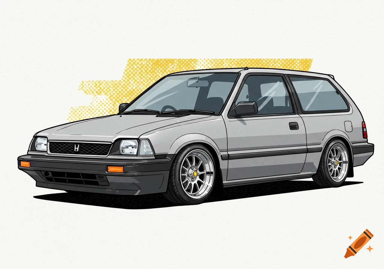 Comic book style illustration of a silver 1982 Honda Civic station wagon with a lowered stance, chrome wheels, and halftone shading.