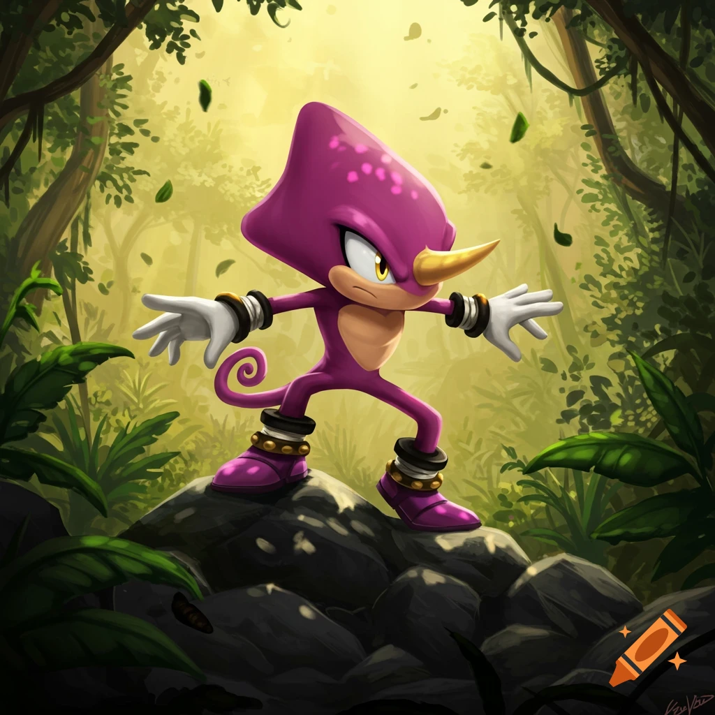 Espio the Chameleon stands on rocks in a lush jungle environment.