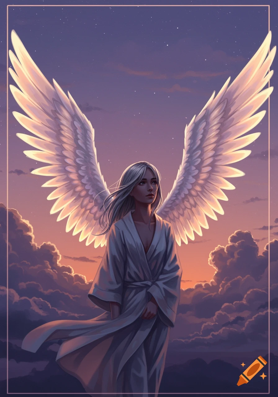 A white-haired angelic figure with large glowing wings stands among clouds at sunset, looking up in a digital illustration.