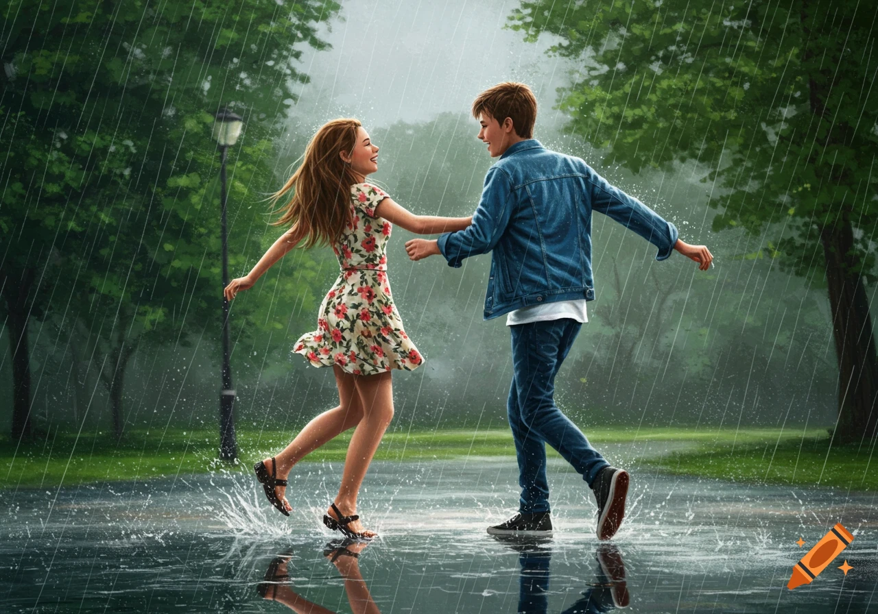 An illustration of a teenage couple happily dancing and splashing in the rain on a paved path surrounded by green trees.
