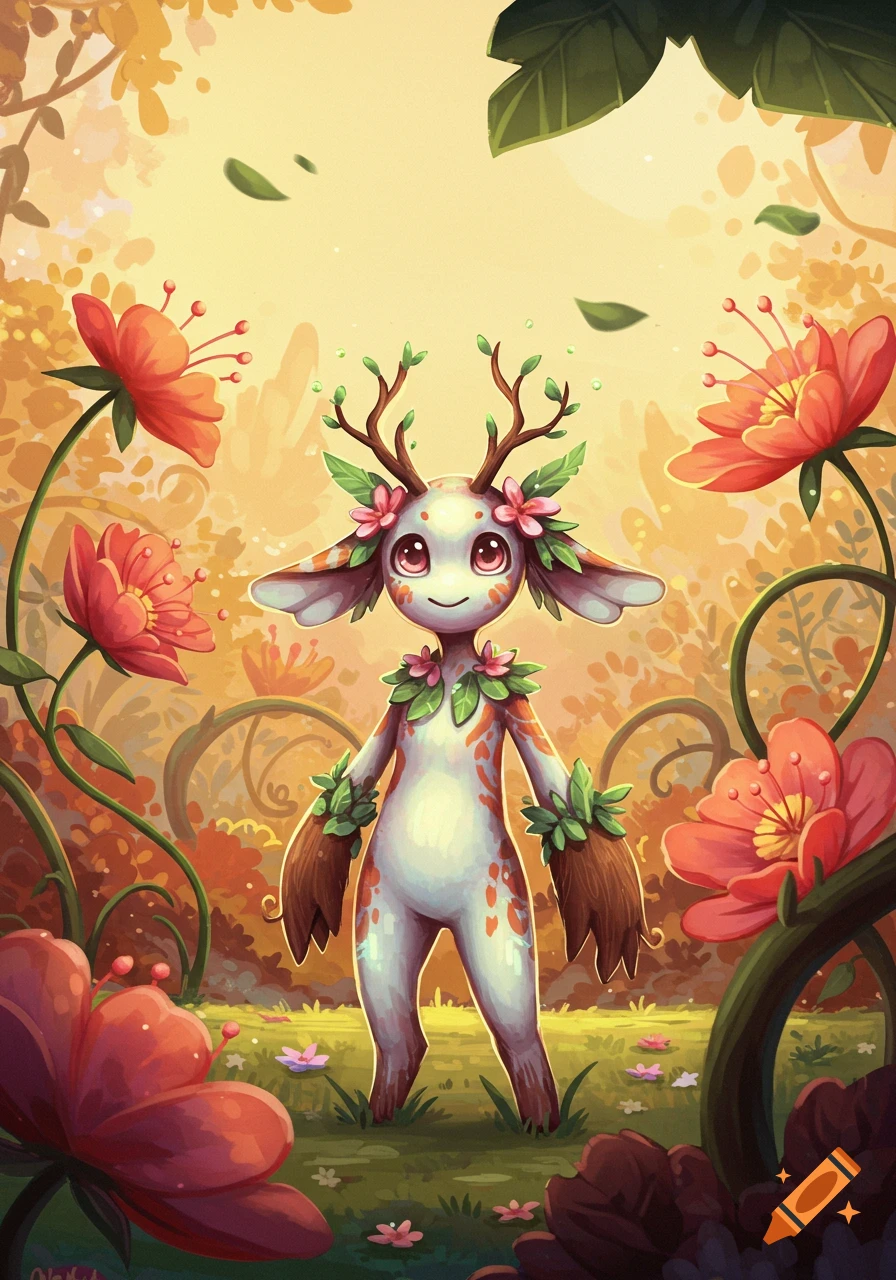 A whimsical cartoon forest spirit with antlers, flowers, and leaves stands in a vibrant magical forest with large orange flowers.