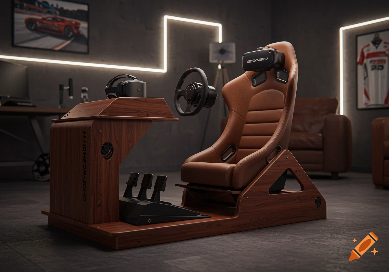 A photorealistic image of a racing simulator with a brown leather seat, wooden frame, steering wheel, and pedals, with a VR headset resting on the stand, in a modern room.