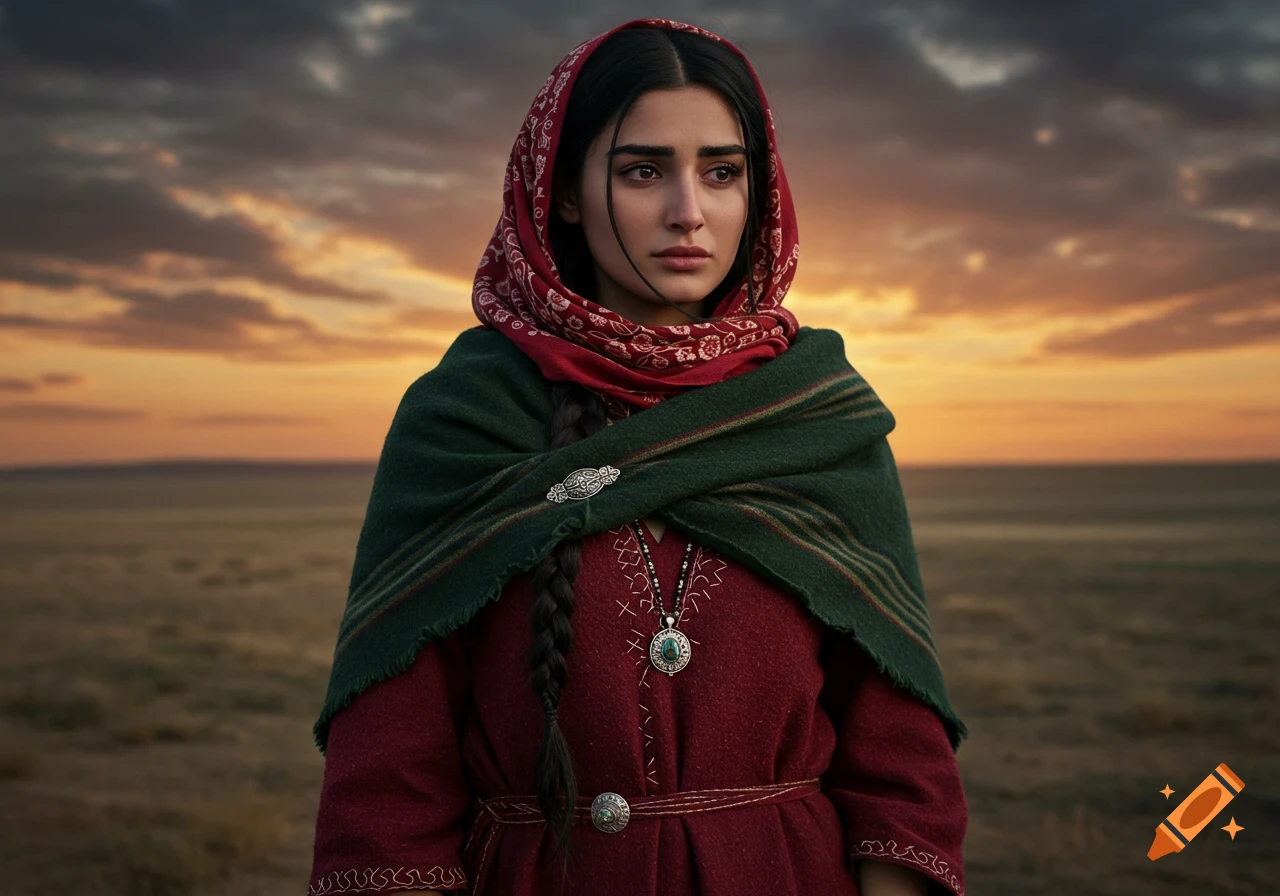 Hyper-realistic portrait of a young Iranian nomadic woman in traditional attire standing in an arid plain at sunset.