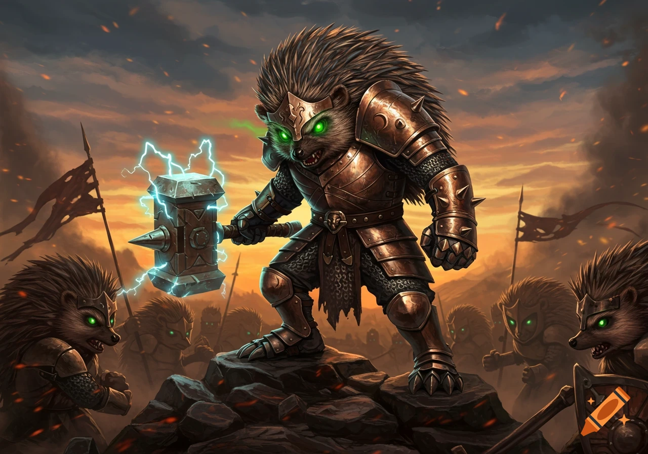 A fierce hedgehog warlord in bronze armor holding a lightning hammer, leading an army of hedgehogs at sunset.