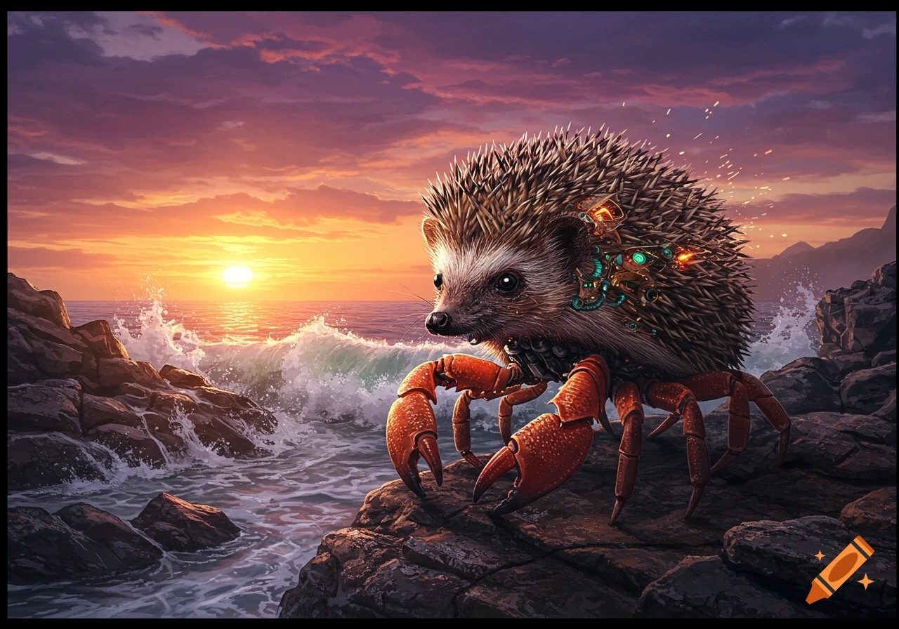 A cyborg hedgehog with red crab legs stands on a rocky shore as ocean waves crash at sunset.
