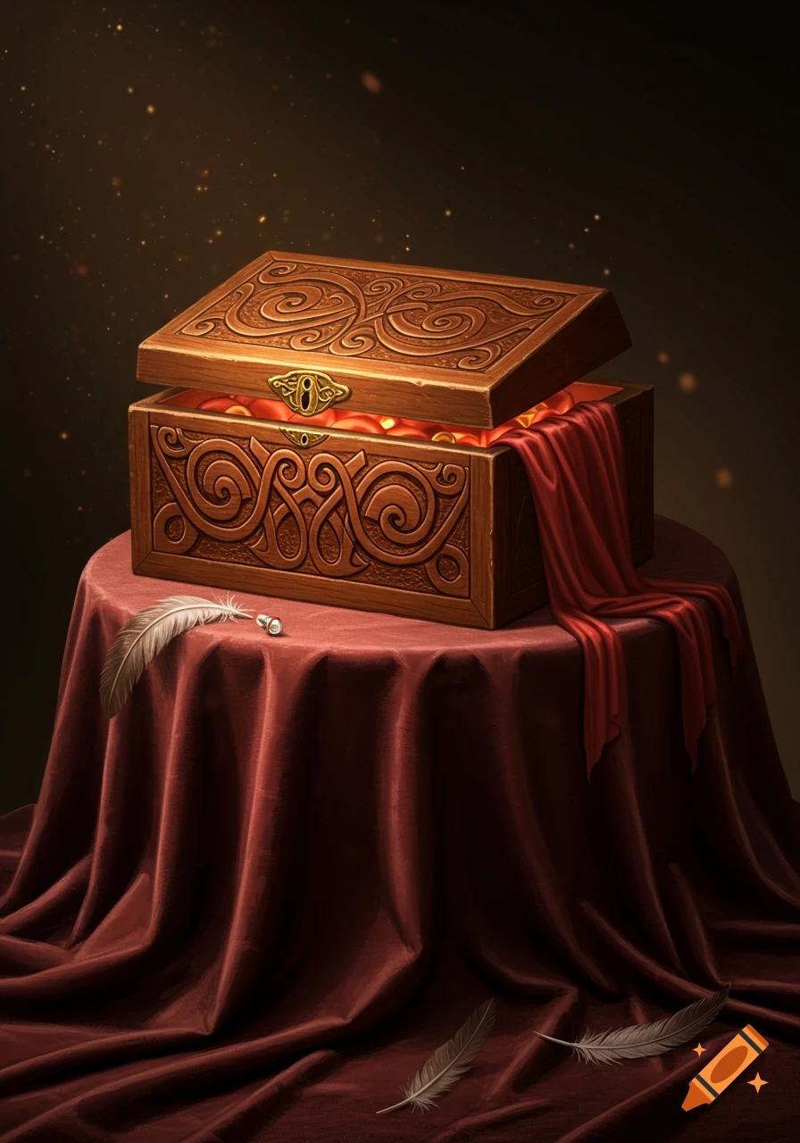 An ornate wooden box, slightly ajar and glowing from within, sits on a red velvet table with feathers.
