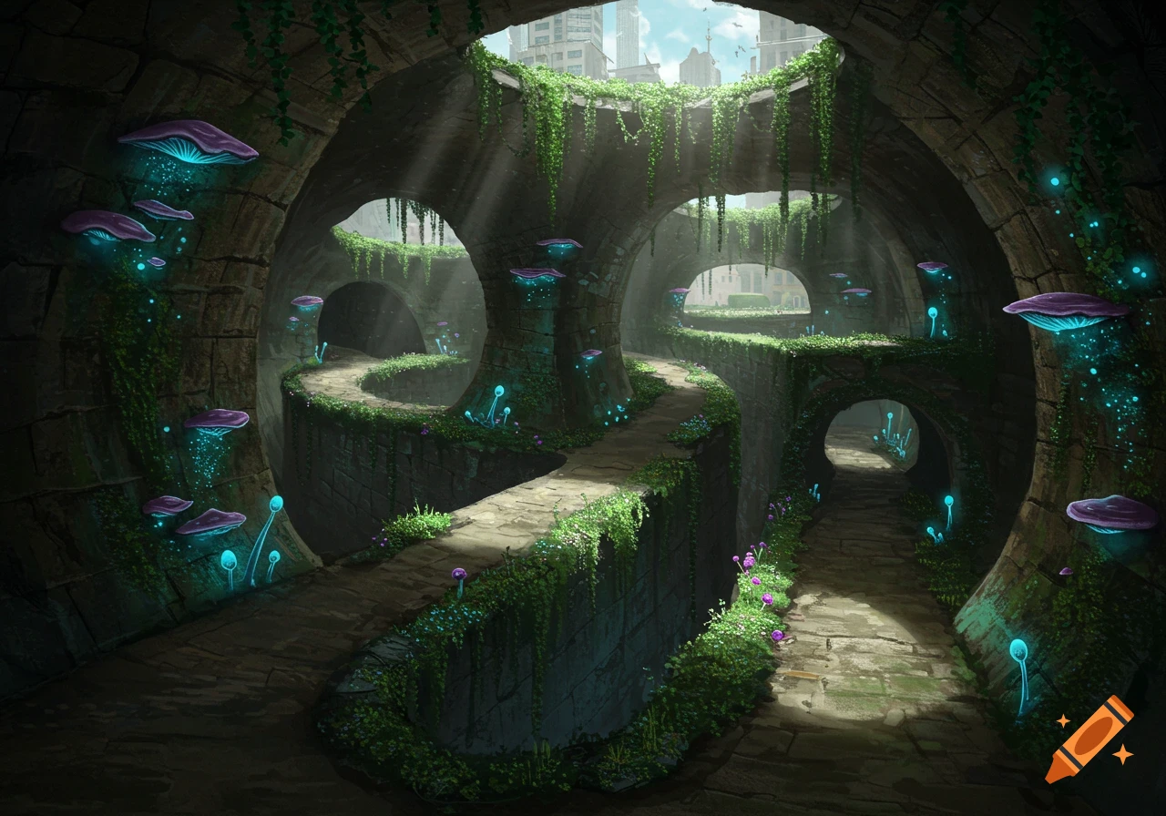 A fantastical scene of overgrown ancient stone tunnels with winding paths, illuminated by glowing blue mushrooms and sunlight filtering through arches.