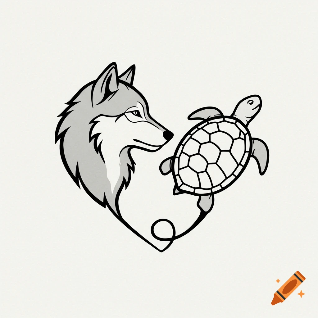 Black and white illustration of a wolf head and a turtle forming a heart shape.