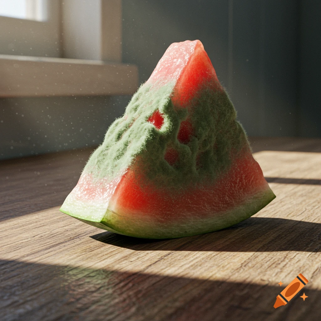A photorealistic image of a single slice of watermelon completely covered in green mold, sitting on a wooden kitchen table with natural light.