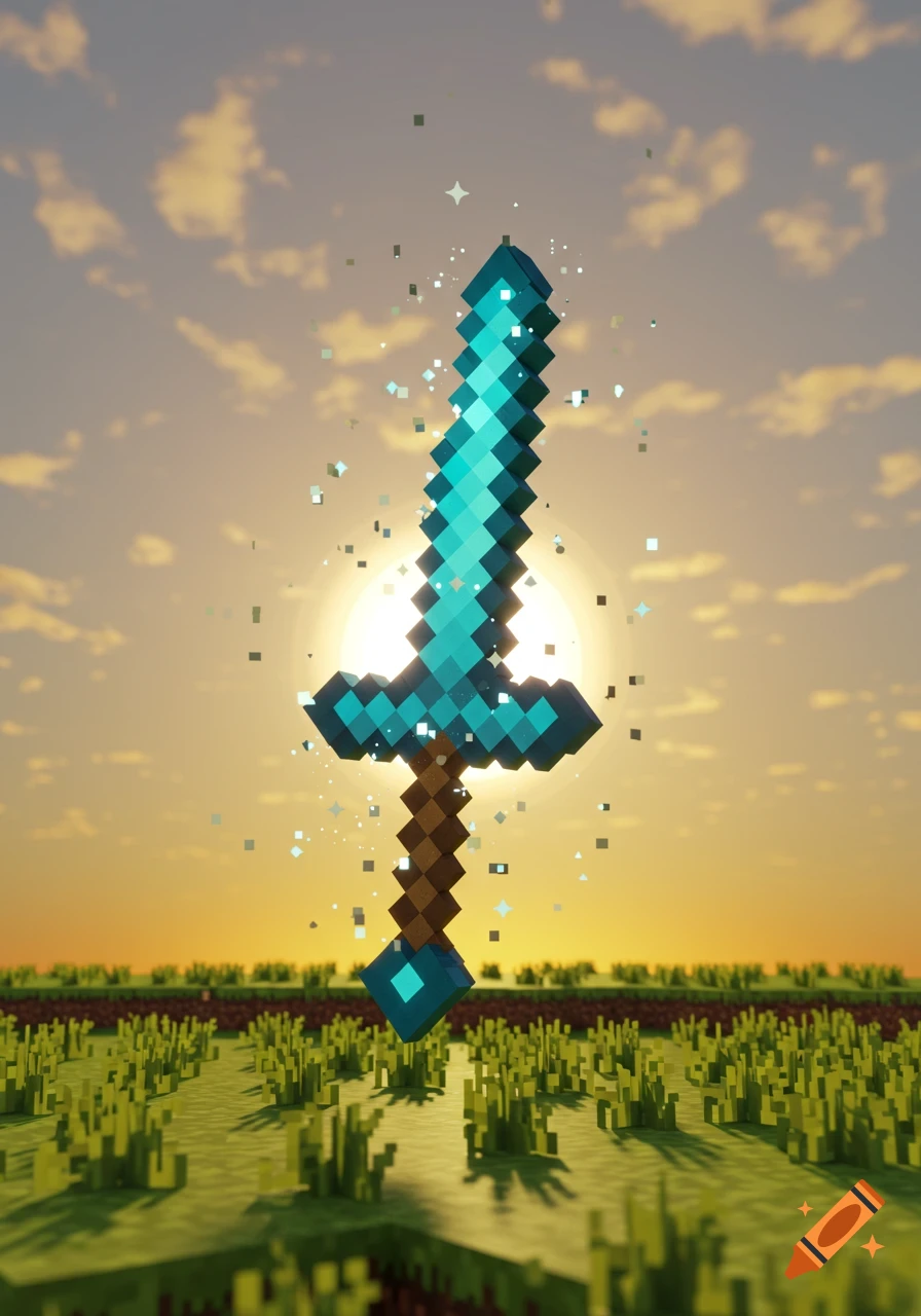 A blocky, pixelated blue diamond sword from Minecraft floating above a green field at sunset.