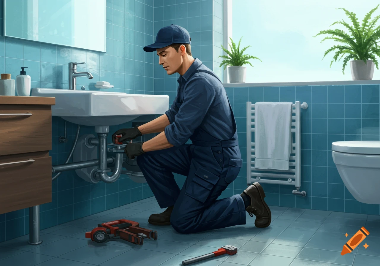An illustrated image of a male plumber kneeling and working on the pipes under a sink in a blue-tiled bathroom.
