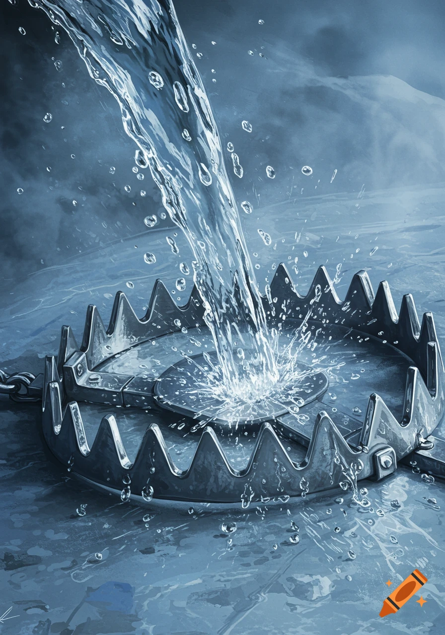 Water pouring onto a closed steel bear trap, creating splashes on the metallic surface.