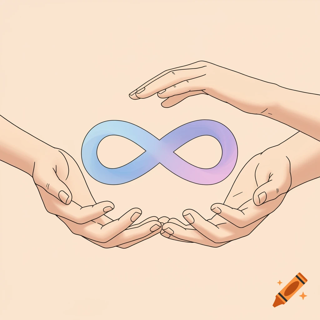 A minimalist illustration shows two hands gently cupping a pastel blue and purple infinity symbol, while another hand floats above it.
