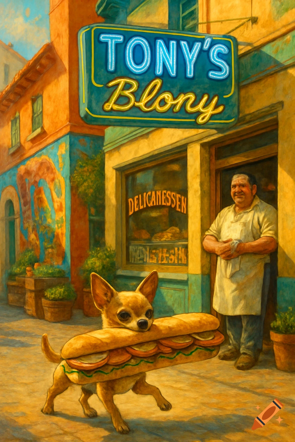 A chihuahua carries a large sandwich on a street in front of 'Tony's Blony' delicatessen, with a man standing by the door. Painterly style.
