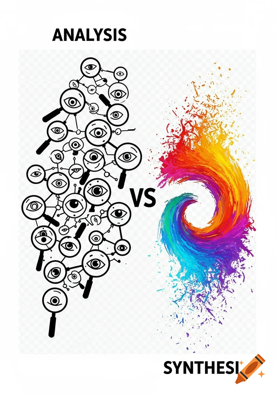 Illustration contrasting Analysis and Synthesis. Left: black outline of interconnected eyes and magnifying glasses. Right: vibrant swirling paint explosion.