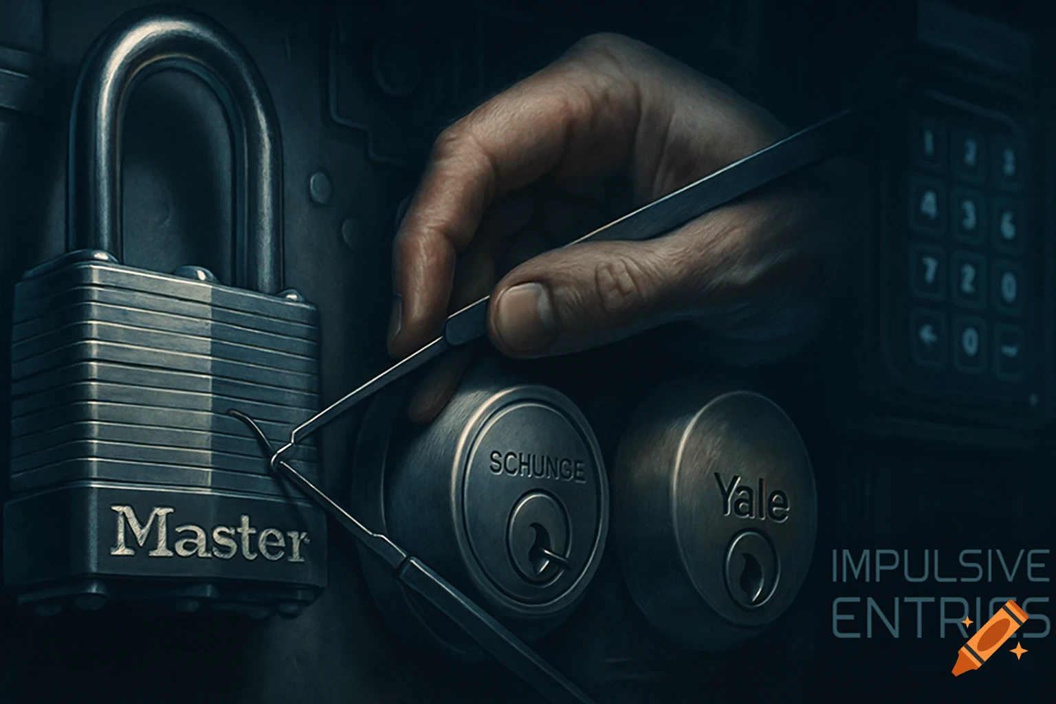 Close-up of a hand using lock picking tools on a Master padlock and other locks, with a digital keypad in the background, under moody lighting.
