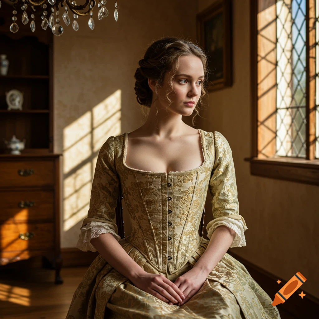 A young woman in an elaborate 18th-century corset and gown sits by a sunlit window, looking thoughtfully to the side. Photorealistic style.