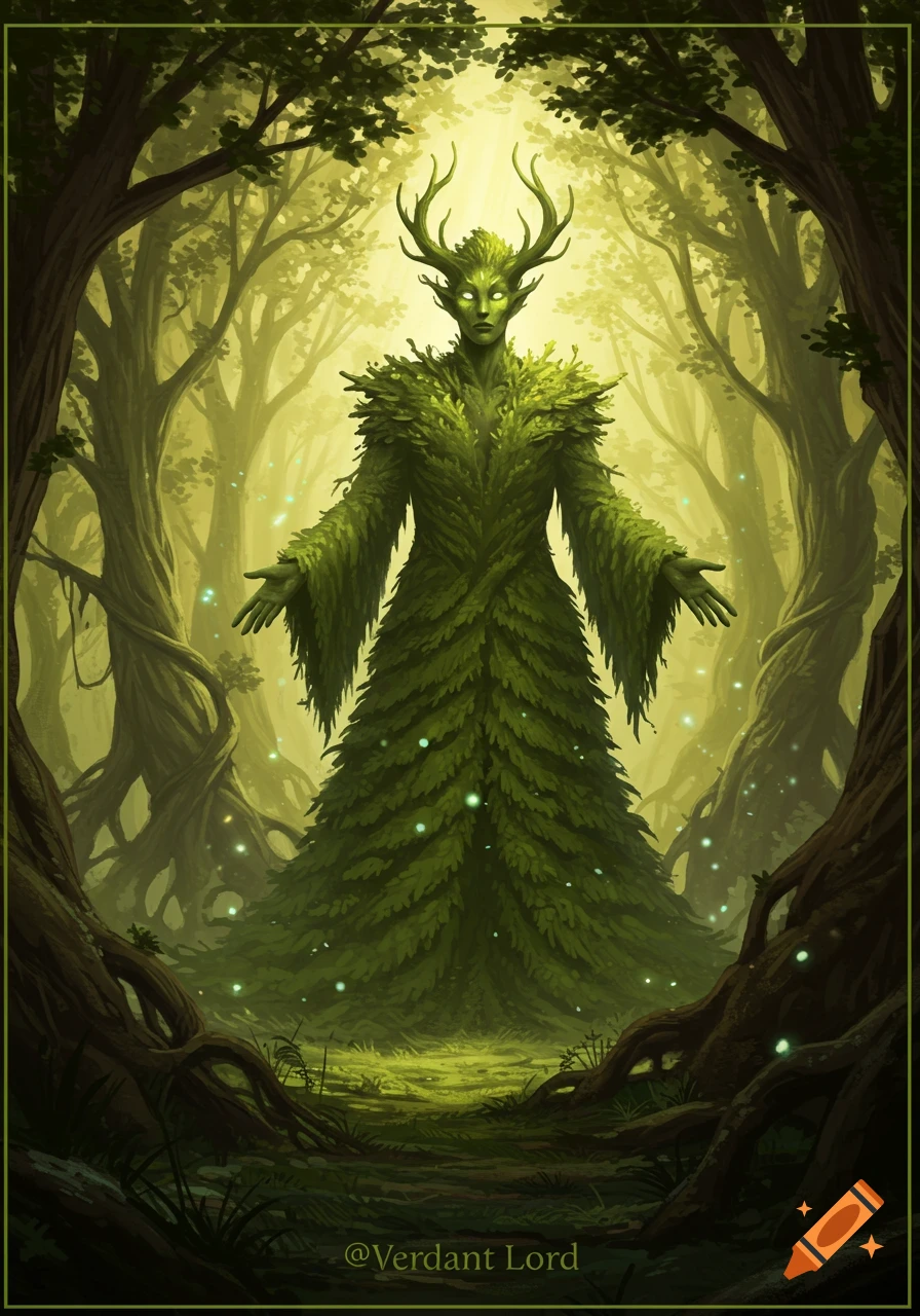 A fantasy illustration of a large humanoid forest spirit made of leaves, with antlers, standing in a bright, ethereal forest.