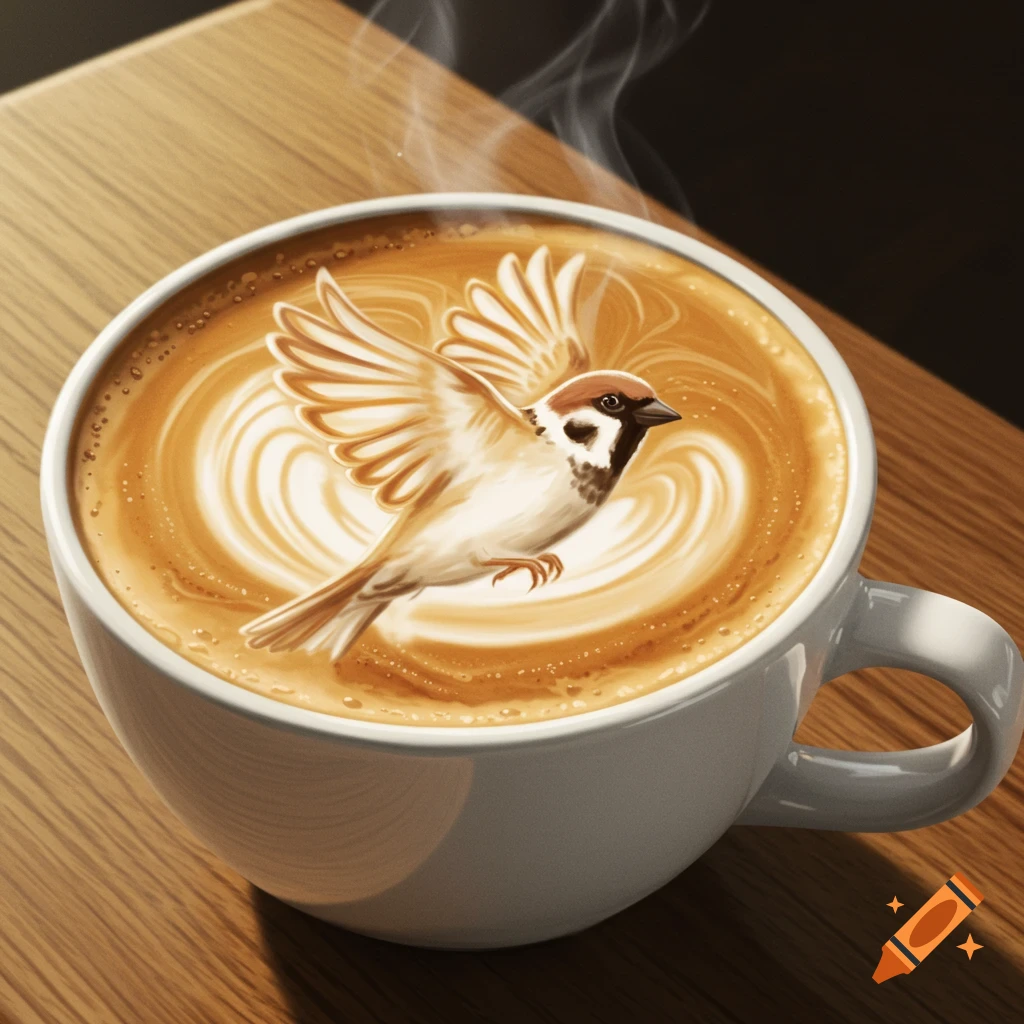 Latte art of a detailed sparrow with outstretched wings in a white mug, on a wooden table with steam rising.