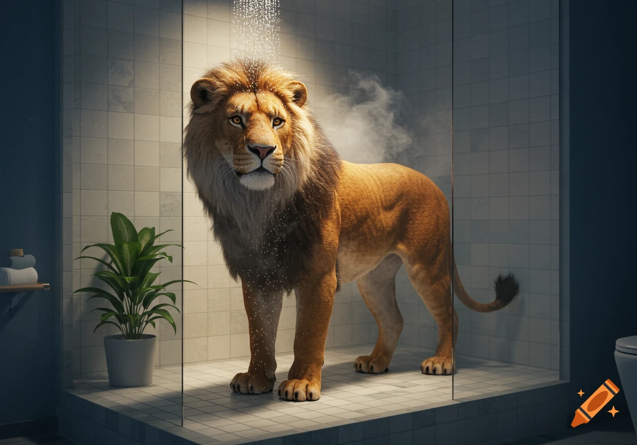 A photorealistic image of a large lion standing in a tiled shower stall with water streaming down from the showerhead.