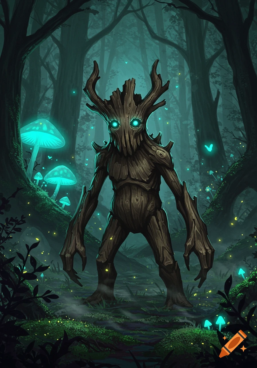 A mystical tree creature with glowing blue eyes stands in a dark, enchanting forest with luminous blue mushrooms and fireflies.