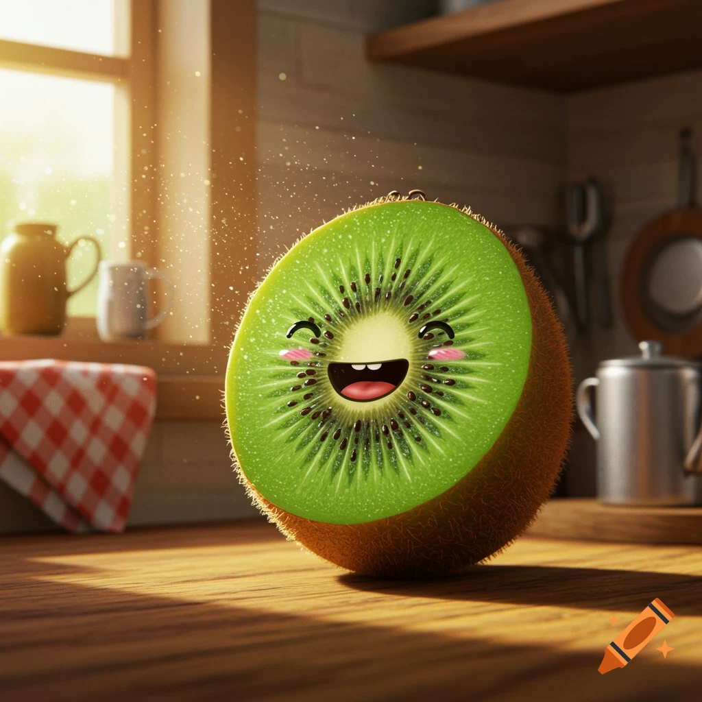 A cute, smiling kiwi fruit with cartoon eyes and mouth on a wooden kitchen counter with sunlight.