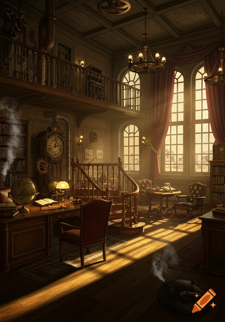 A photorealistic depiction of a grand steampunk mansion interior with a large clock, spiral staircase, and sunbeams streaming through tall windows.