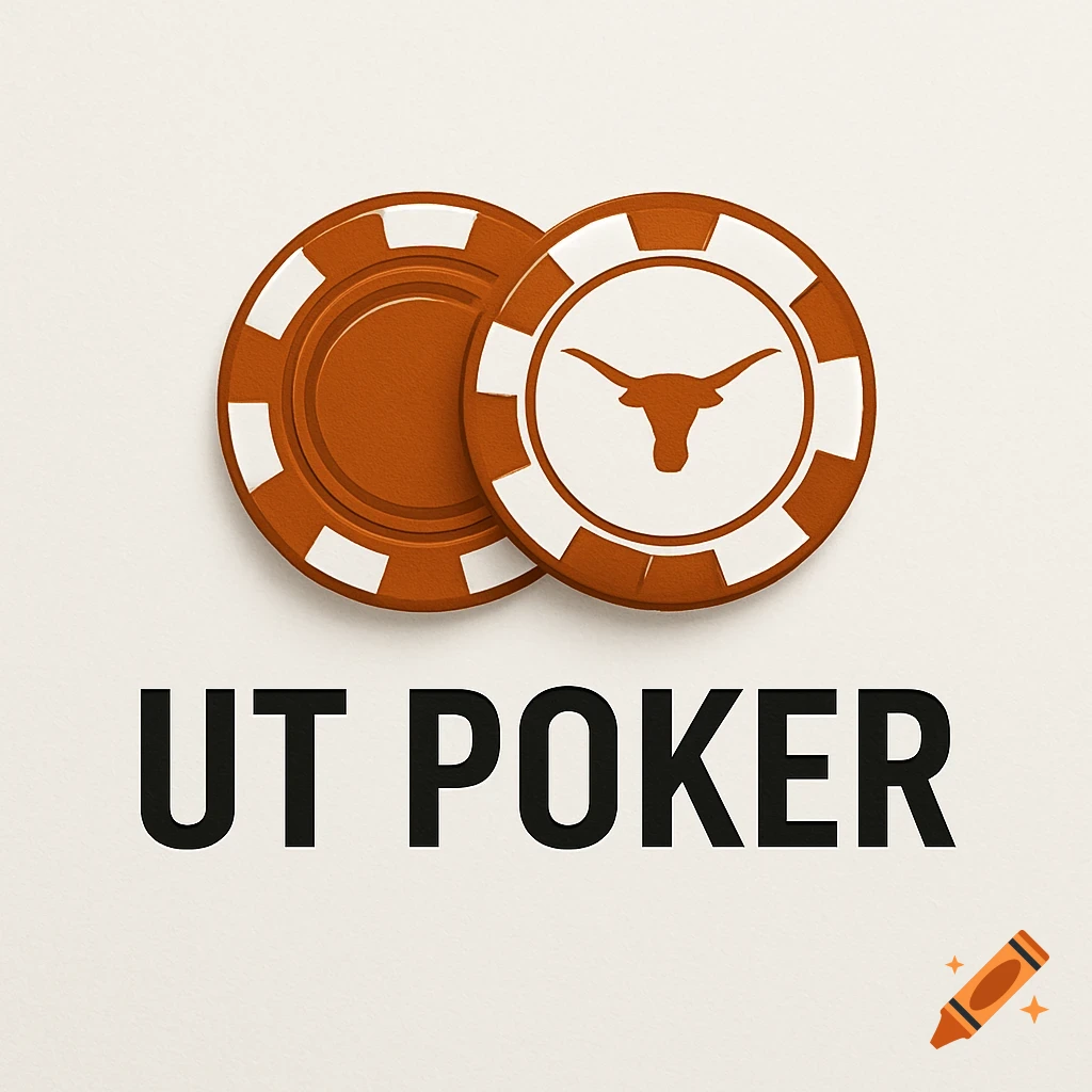 A clean, modern logo featuring two orange and white poker chips, one with a Texas Longhorn silhouette, above the bold text "UT POKER" on a light background.