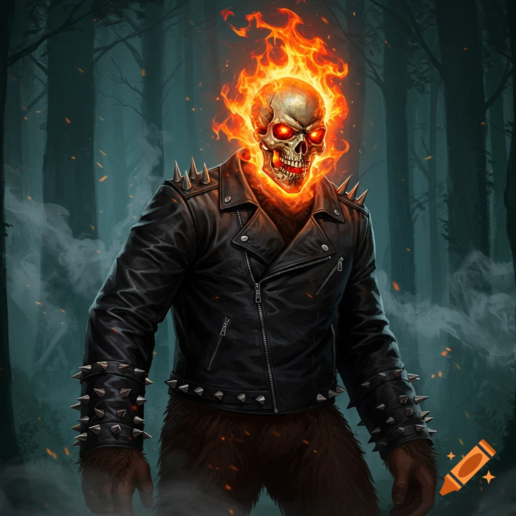 A creature with a flaming skull head and glowing red eyes, wearing a black leather jacket with spikes and furry legs, stands in a dark forest.