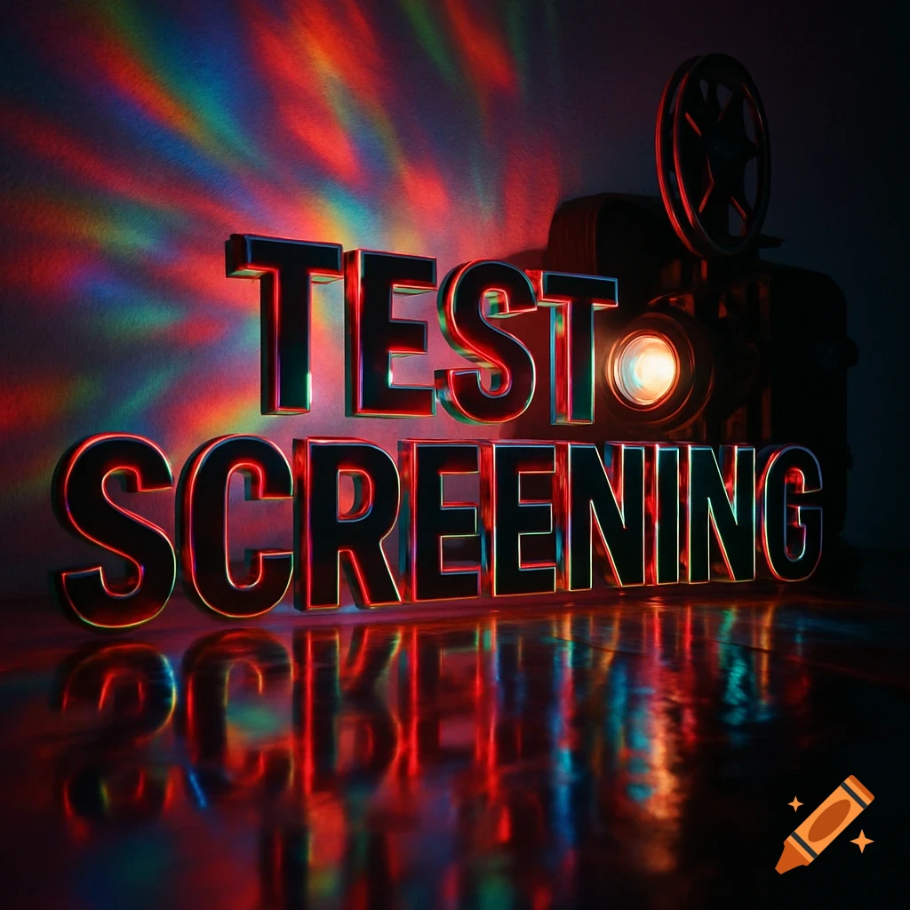 Reflective 3D text 'TEST SCREENING' illuminated by colorful kaleidoscope light from a movie projector, with reflections on a dark surface.