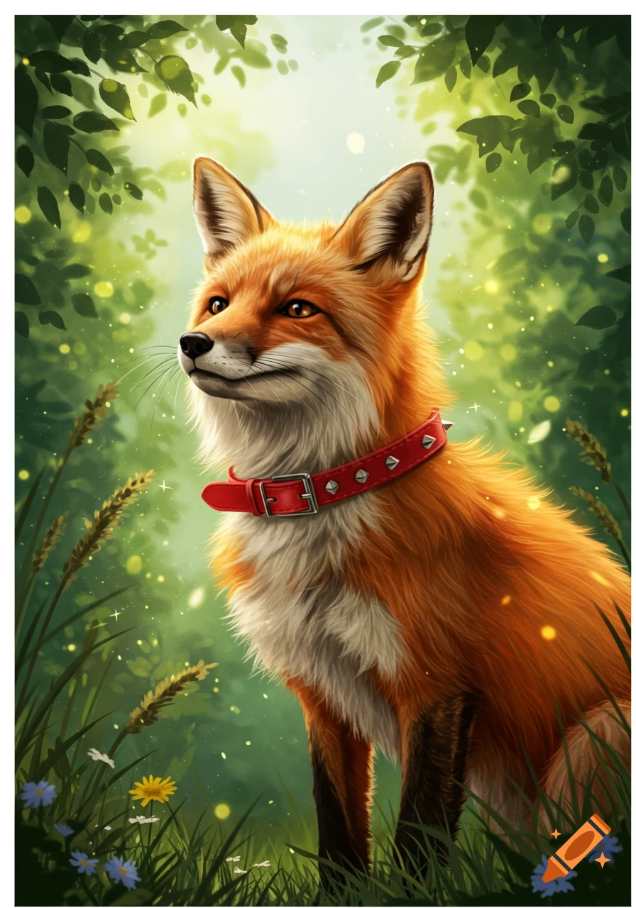 An illustrated red fox with a studded red collar looks upward in a magical, sunlit forest filled with glowing specks and green foliage.