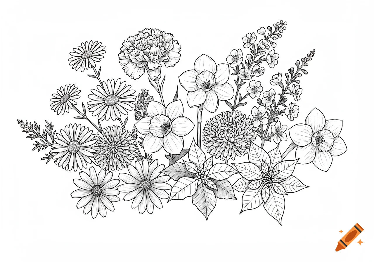 Black and white line drawing of a bouquet of assorted flowers, including daisies, carnations, chrysanthemums, narcissus, and poinsettias.
