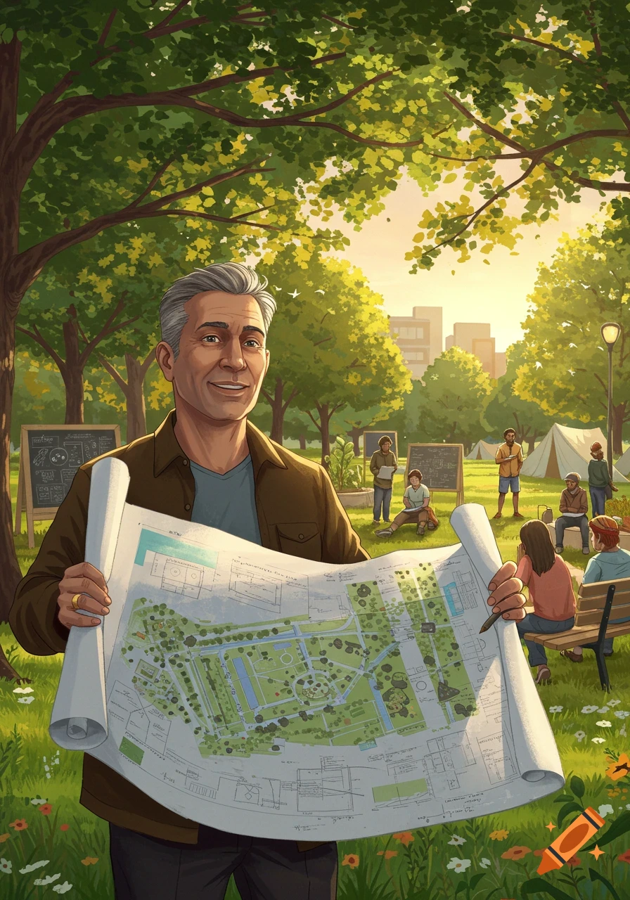 An illustrated man smiles while holding a large park blueprint, with other people and blackboards in a sunny park background.