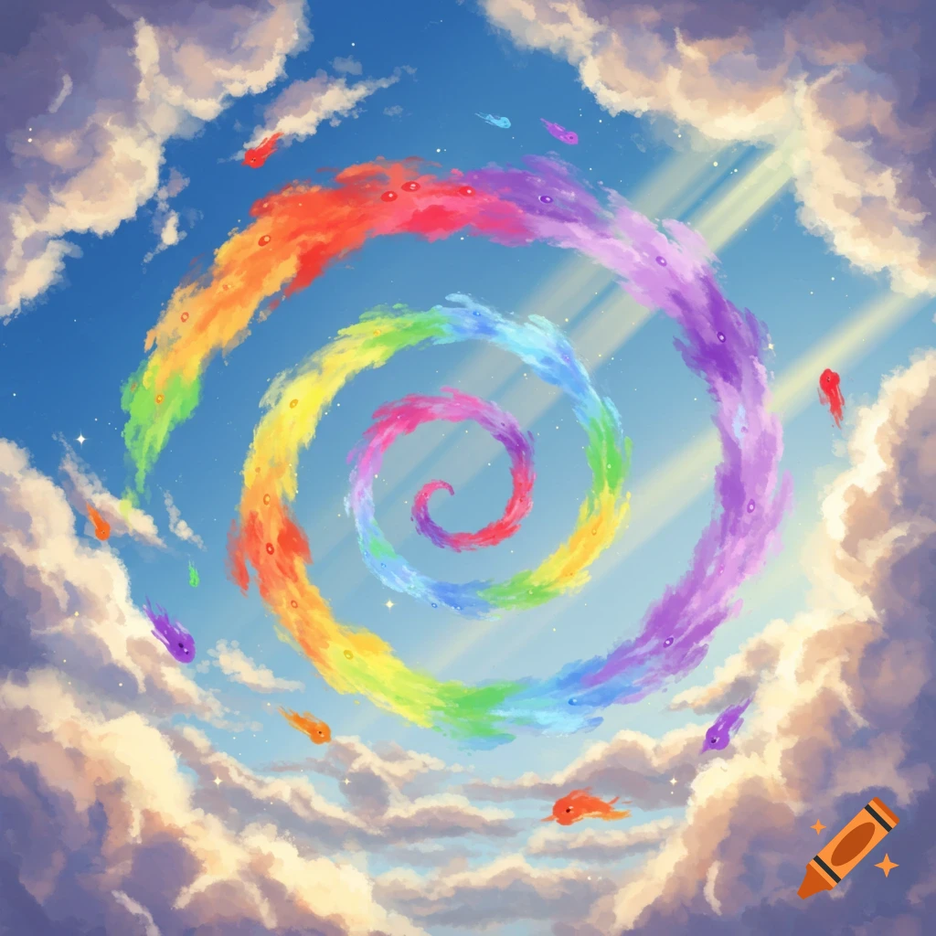 A vibrant rainbow-colored spiral cloud dominates a blue sky, surrounded by fluffy white clouds and small, colorful, floating creatures.