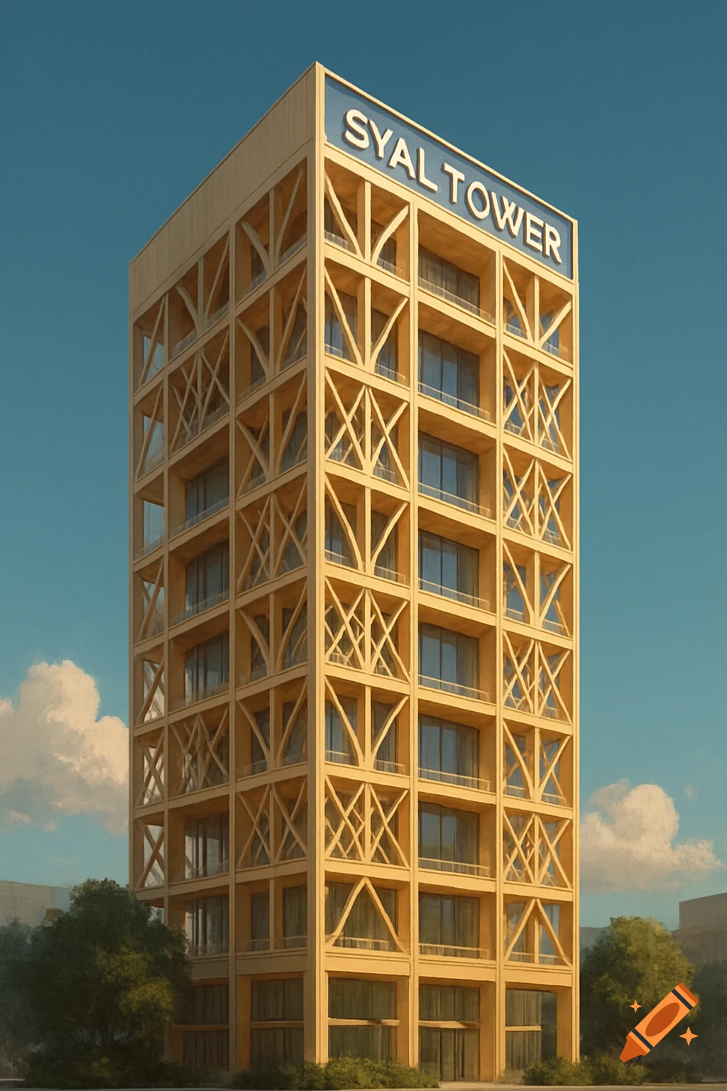 Photorealistic image of a tall, modern wooden tower building with glass windows and 'SYAL TOWER' sign on top, against a blue sky.