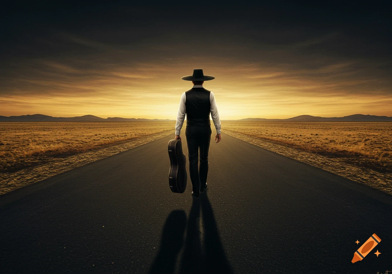 A man in a hat and vest walks down a long, empty road holding a guitar case at sunset, casting a long shadow.