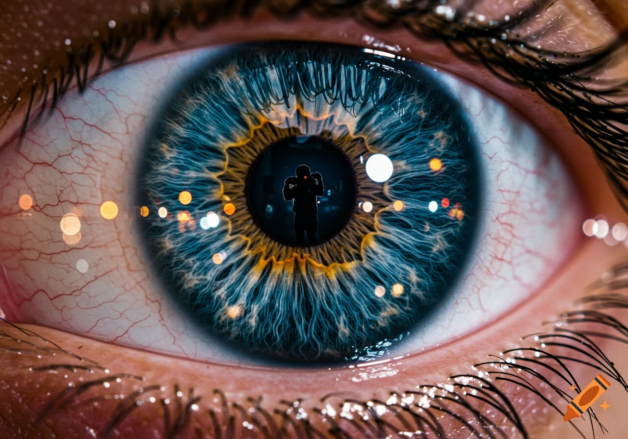Close-up macro photo of a vibrant blue and gold human eye with a silhouette of a photographer reflected in the pupil, surrounded by bokeh lights.
