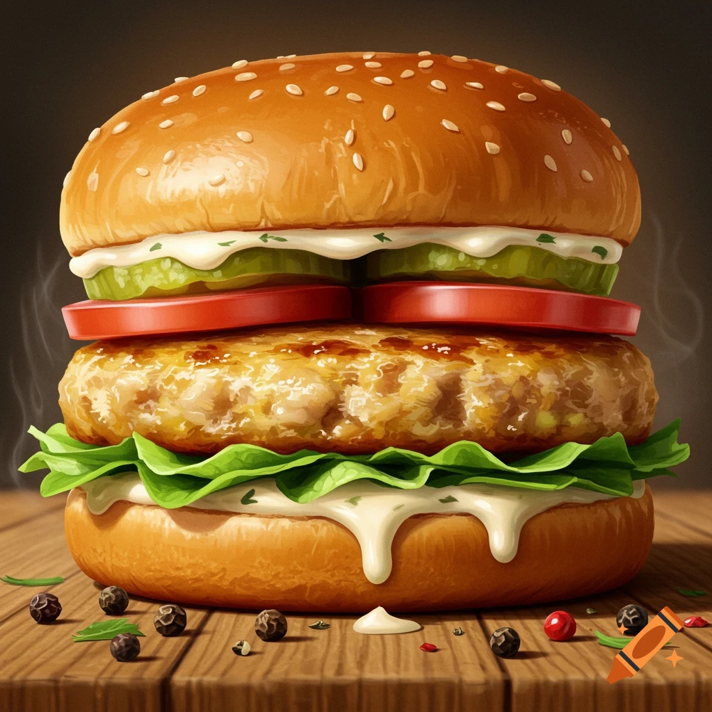 A close-up, photorealistic image of a juicy chicken burger with lettuce, tomato, pickles, and sauce on a wooden surface.