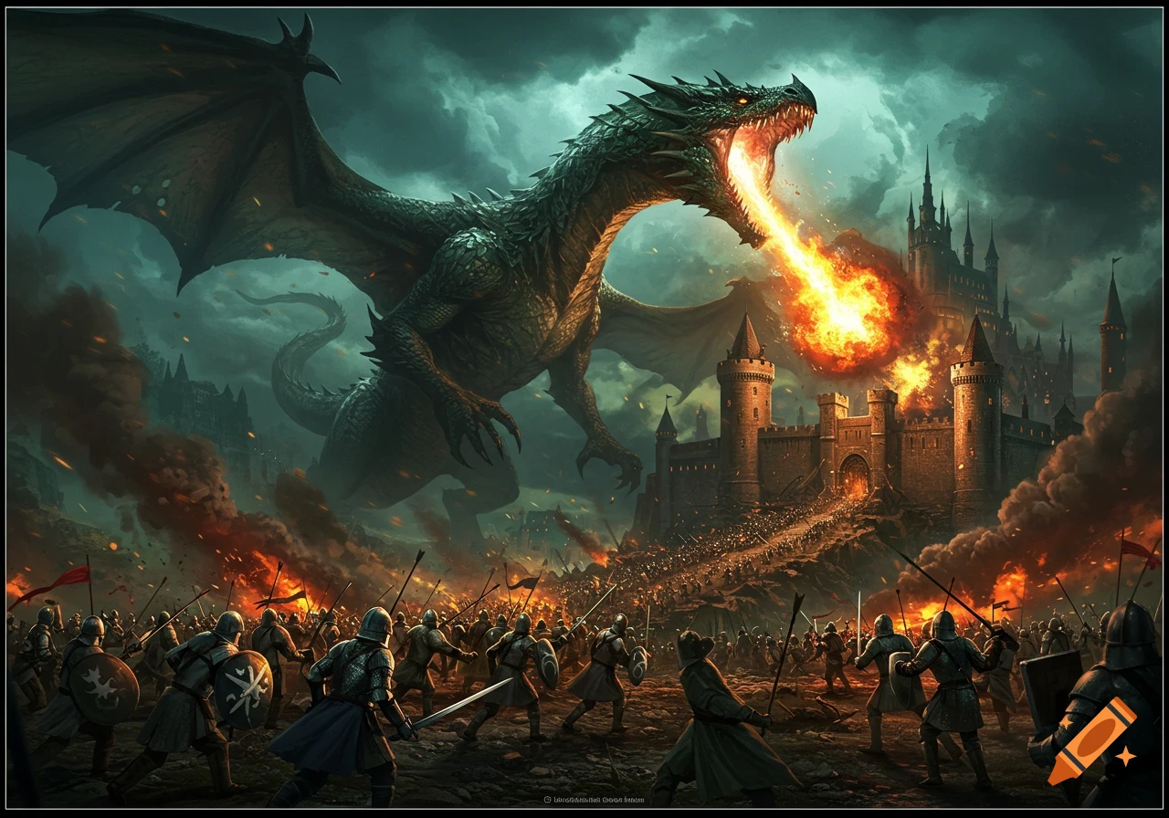 A giant green dragon breathes fire on a medieval castle, while an army of knights battles below in a dramatic fantasy scene.