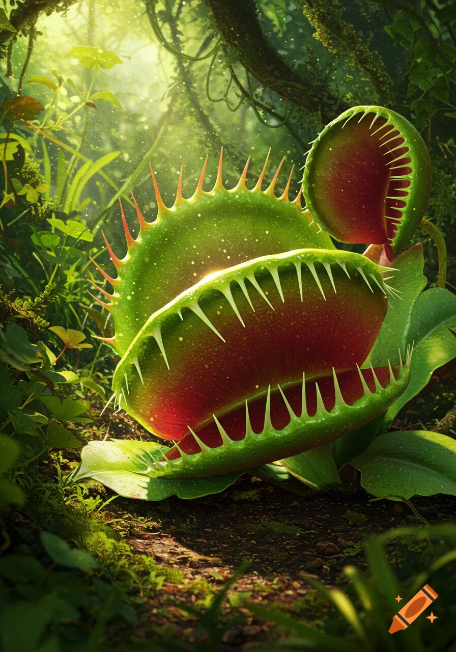 A vibrant, photorealistic Venus flytrap with open traps in a lush, sun-dappled jungle environment.